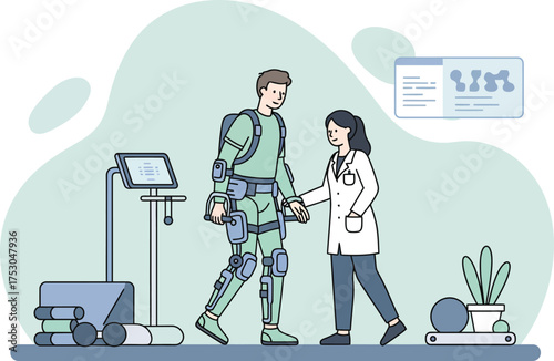 Patient using exoskeleton suit with physical therapist support during rehabilitation session