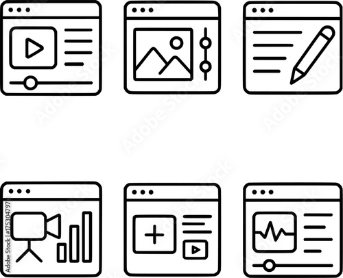 digital content creation dashboard outline icon set
