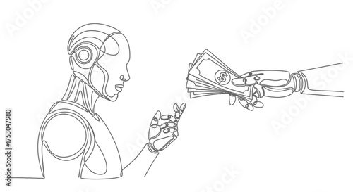 Robot receives money from a robotic hand, symbolizing automation and financial transactions.