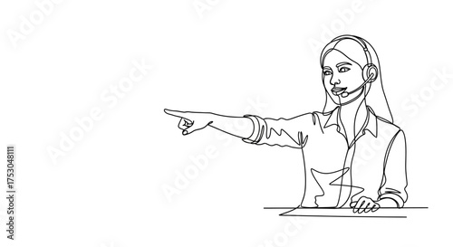 Support operator with headset points towards viewer, offering guidance and assistance