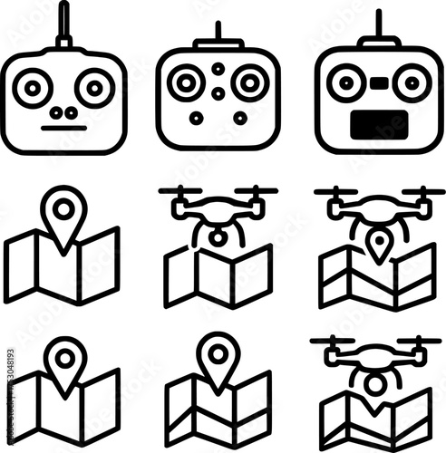 Drone flight controller and map navigation line icon set