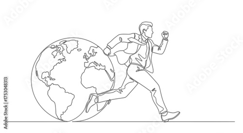 Businessman running with the globe, symbolizing global ambition and fast-paced progress.