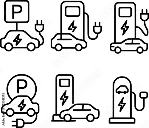 electric car parking charging station vector icon set