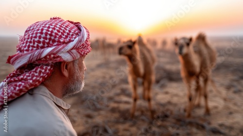 A serene image capturing a man peacefully observing camels as the sun sets in a golden desert, reflecting tranquility and connection to nature's beauty.