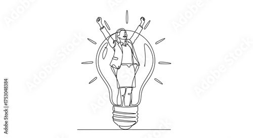 Woman celebrating inside a glowing light bulb, symbolizing a brilliant idea and success.