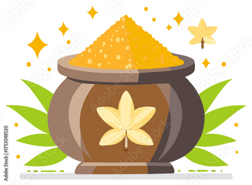 Golden Potion Spilling Over a Cauldron with Decorative Flower, Leaves and Sparkling Lights