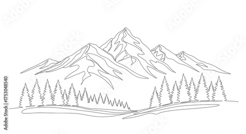 Majestic mountain range silhouette with evergreen forest in foreground, evoking adventure and nature's grandeur.