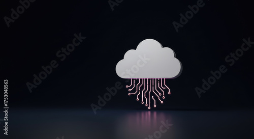 A white cloud with pink circuit board design on a dark background surface