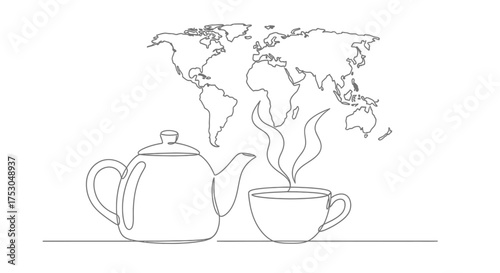 Global tea time: a steaming cup and teapot with a world map illustration