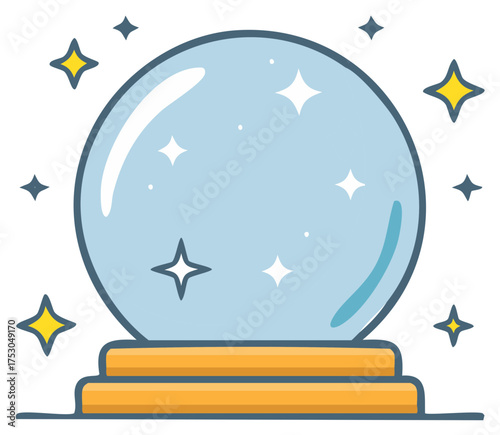 Flat illustration of a crystal ball surrounded by sparkling stars on a golden stand