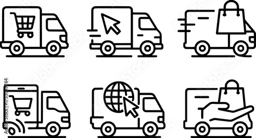online shopping delivery truck line icon set