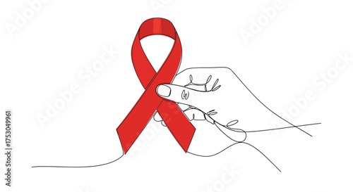 Gentle hand holds red ribbon, symbolizing awareness and hope for health causes