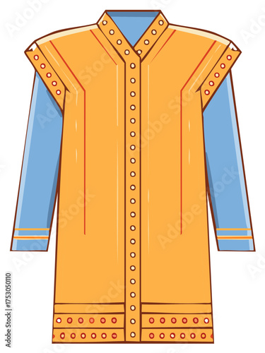 Traditional golden patterned tunic with blue long sleeves and intricate details