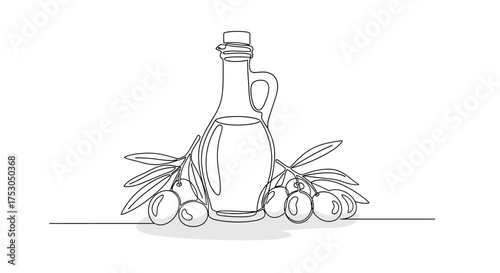 Elegant single line drawing of olive oil bottle and branches with olives