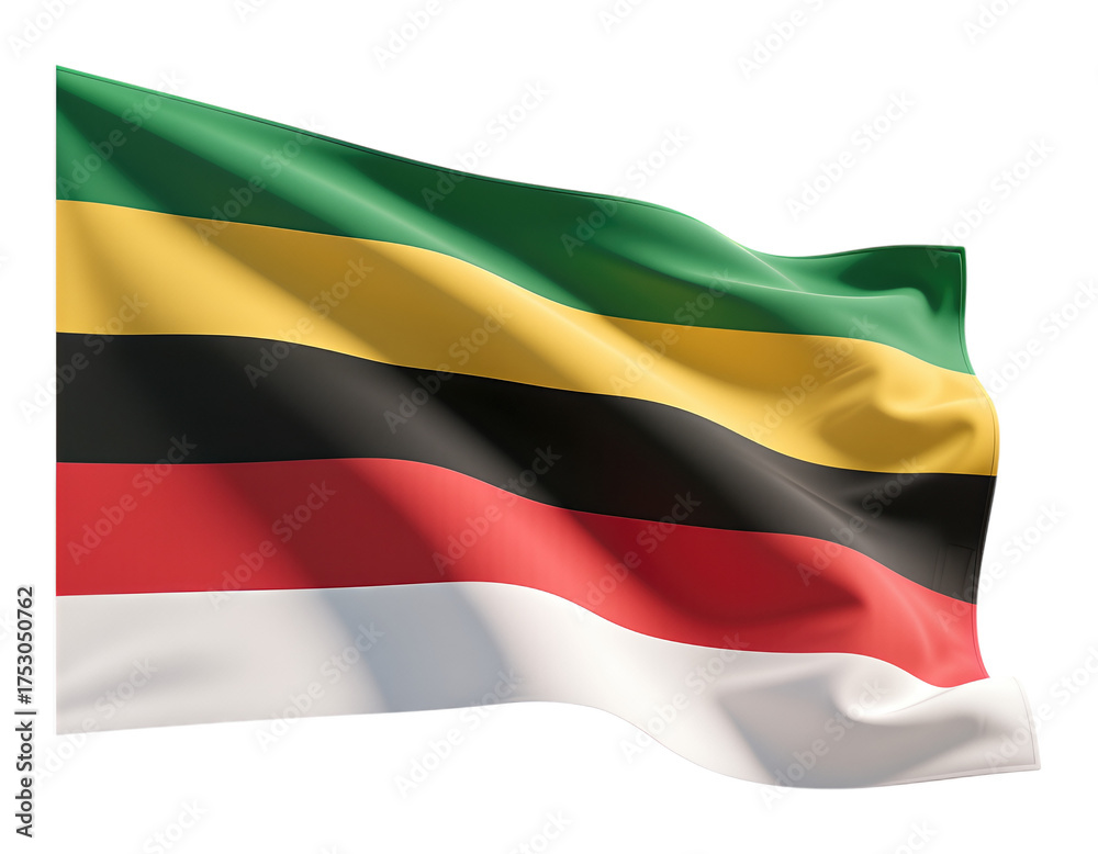 Naklejka premium Glossy Green Yellow Black Red White Striped Flag on Transparent Background, 3D Realism Graphic for Branding