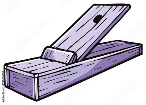 Open cartoon style purple wooden trap device or snare mechanism with bait hole