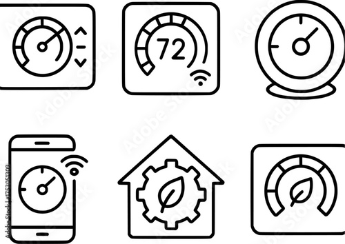 smart thermostat and energy control line icon set