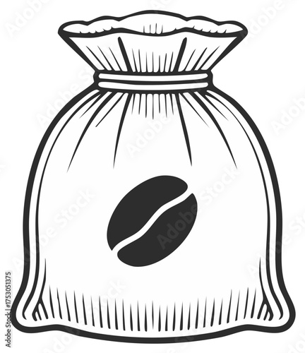 Vintage style coffee bean bag illustration, black and white detailed drawing for coffee packaging design