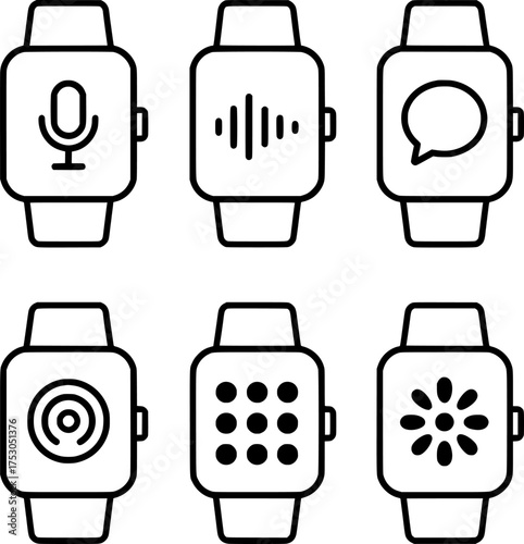 smart watch digital assistant line icon set