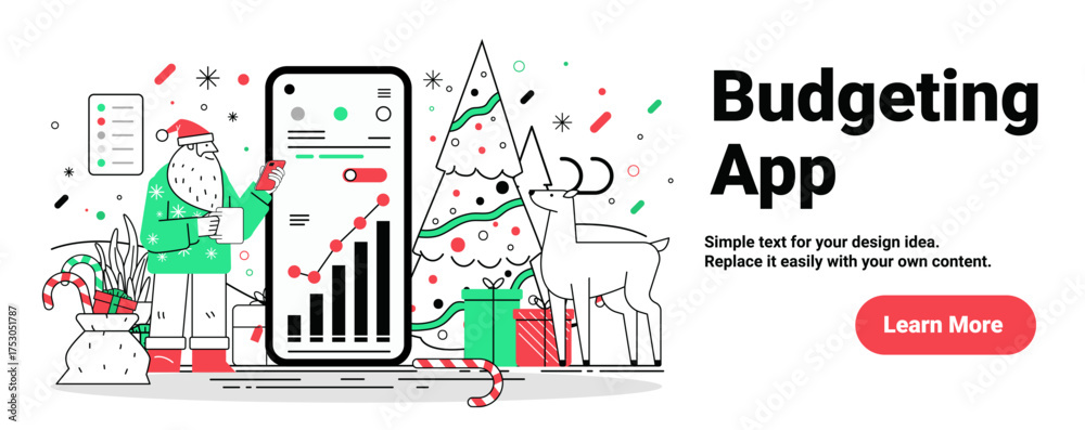 Obraz premium Santa budgeting app Christmas finance mobile analytics festive tree gifts reindeer candy cane flat banner holiday UI elements modern colors