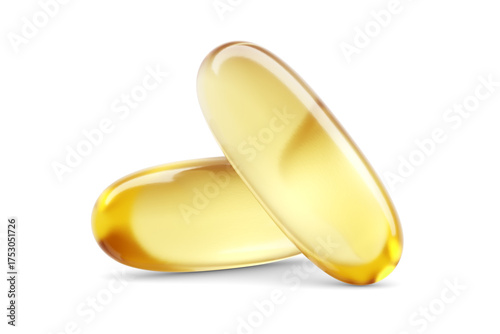 Two translucent golden gel capsules containing purified omega 3 oil isolated. 3D rendering illustration. Transparent PNG image.