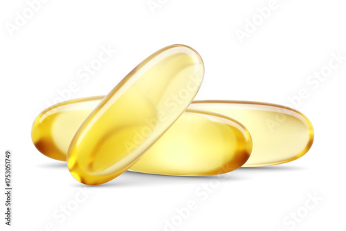 Three translucent softgel capsules containing omega 3 fish oil isolated. 3D rendering illustration. Transparent PNG image.