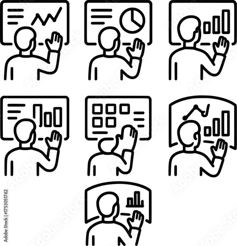 virtual data visualization screen line icon set