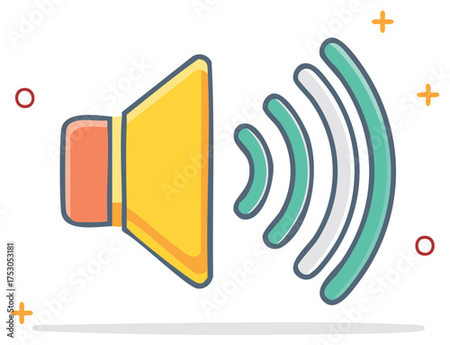 Colorful Speaker Sound Icon with Waves, Cartoon Vector Style, Audio Notification