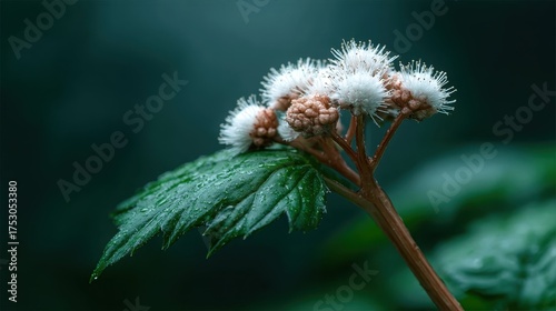 A striking cluster of delicate white flower buds is captured with dew droplets enhancing its detail and beauty against a soft, dark green background, evoking tranquility.