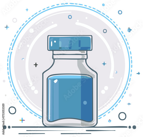 Cartoon blue vial with liquid substance surrounded by decorative circular elements