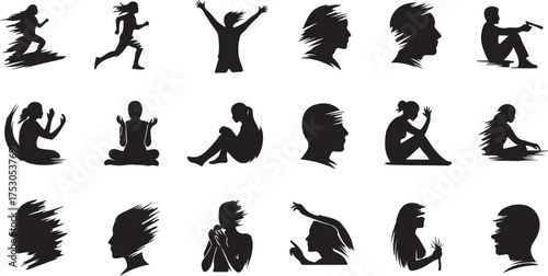 Set of vector silhouettes of human art stroke brush