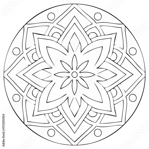 Symmetrical floral mandala pattern featuring geometric shapes in circular arrangement for coloring pages or design elements