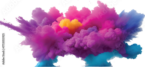 A vintage bouquet of colorful purple and yellow flowers with a bright blue sky and cloudscape texture