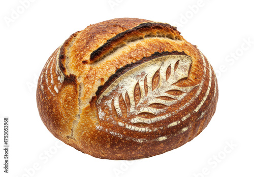 Isolated loaf of artisanal sourdough bread with leaf pattern for rustic breakfast, lunch