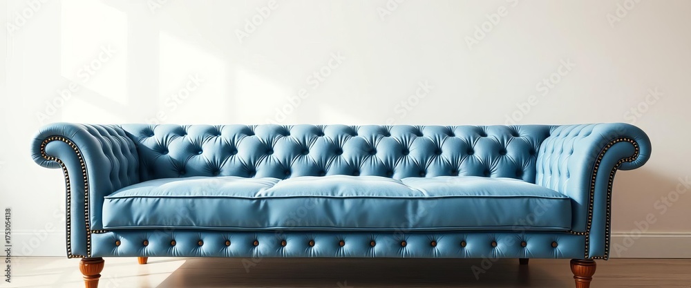 Obraz premium Elegant quilted blue sofa, classic design, white backdrop, interior design, retro