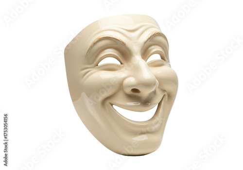 Isolated human face mask with a sarcastic smile expression, theater prop, dramatic play