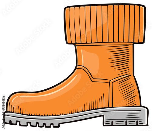 Orange rubber work boot with treaded sole and rolled down cuff illustration. Safety footwear, shoe for labor, and stylized design.