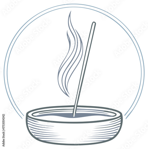Incense stick burning in a bowl with smoke wisps, enclosed in a circle