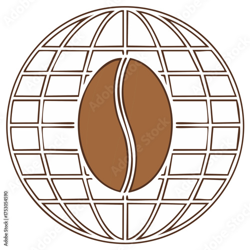 Coffee bean illustration enclosed in a world globe grid, symbolizing global coffee production and distribution.