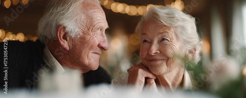 Warm portrait of a senior couple gazing at each other lovingly.  A tender moment celebrating enduring love, commitment, and connection. Ideal for retirement or care themes.