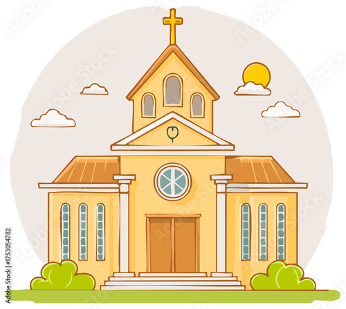 Cartoon church building with cross on roof and sunny sky, illustration