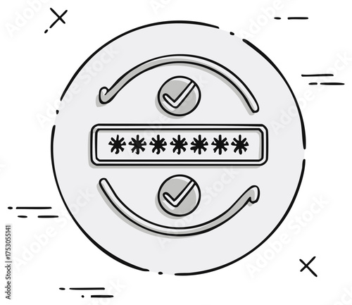 Hand drawn password security icon with checkmarks for login and authentication verification.