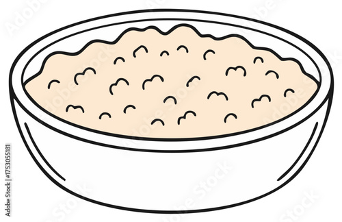 Cartoon bowl filled with creamy porridge with small curls in a simple outline style
