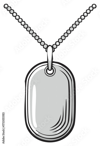 Stylized Silver Military Dog Tag Pendant on Beaded Chain Necklace Isolated