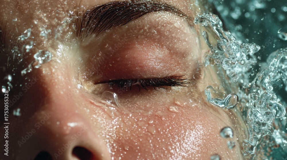 Fototapeta premium Woman washing her face with clear water, closing her eye. Refreshing feeling for skin care, health, and wellness concept.