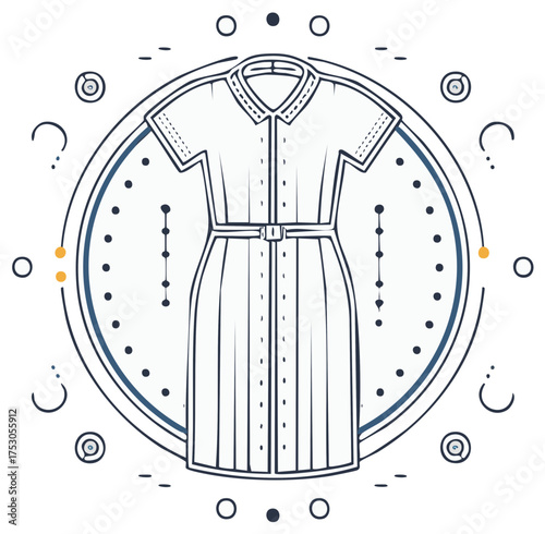 Fashionable shirt dress with belt illustrated in a circular frame with decorative elements