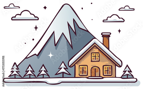 Snow covered mountain landscape with cozy house, fir trees, and winter elements