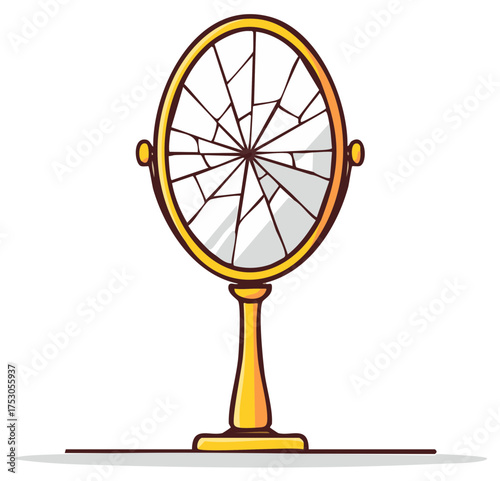 Cartoon illustration of golden framed standing mirror with cracked surface and base in comic style
