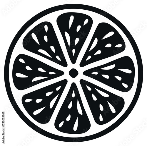 Simple black and white graphic icon of a citrus fruit slice or lemon wheel