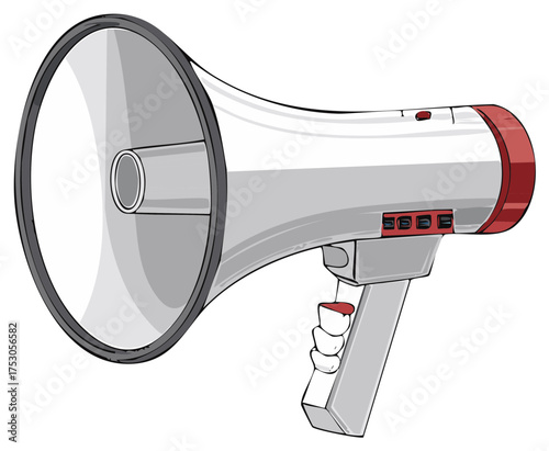 Vector illustration of a hand held megaphone for public address, announcement, protest, or communication purposes with gray and red details